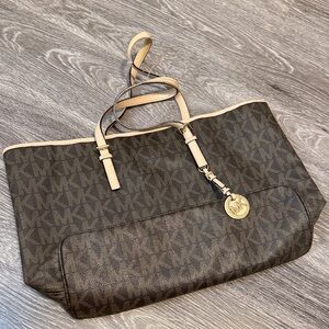 Michael Kors Brown MK Logo Tote with Beige Trim and Gold Medallion